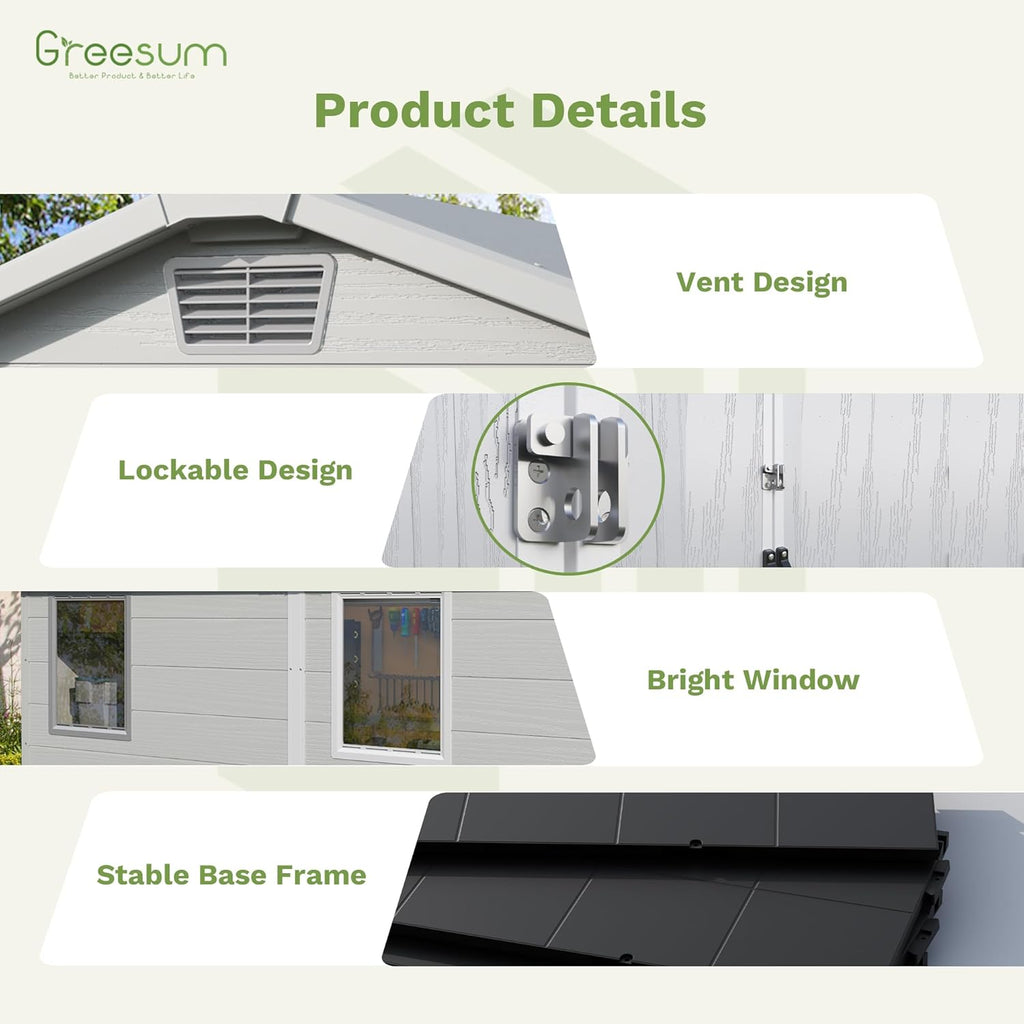 Greesum 6x8FT Plastic Outdoor Storage Shed with Floor, Resin Sheds with Lockable Double Door, Windows & Vents, All-Weather Tool Sheds for Garden, Backyard, Patio, Light Gray