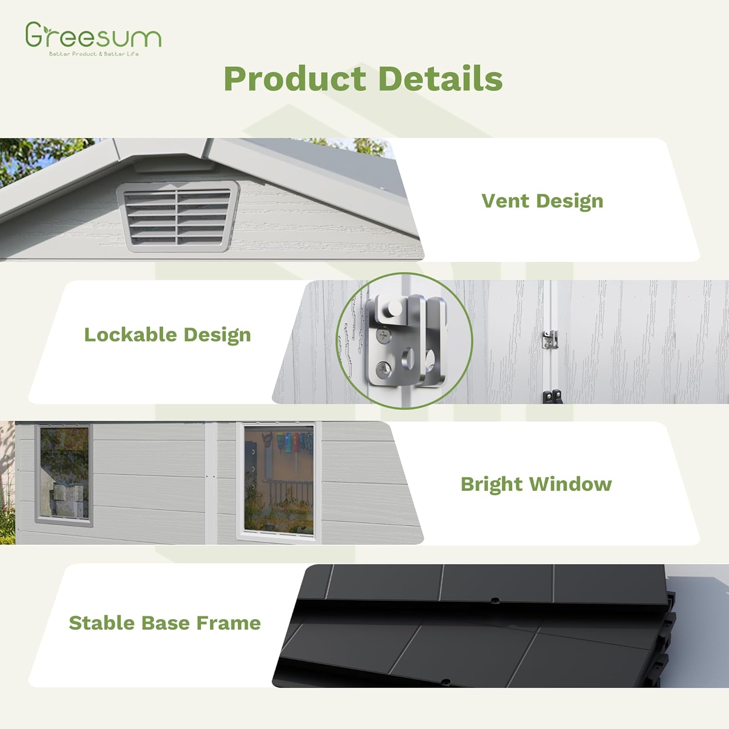 Greesum 6x8FT Plastic Outdoor Storage Shed with Floor, Resin Sheds with Lockable Double Door, Windows & Vents, All-Weather Tool Sheds for Garden, Backyard, Patio, Light Gray