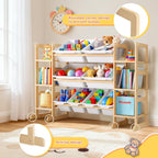 Wooden Toy Storage Organizer for Kids, Multi-Tier Toy Organizer with Bins & Side Montessori Bookshelves, Sturdy Natural Wood Playroom Storage Solution for Toys, Books, Games