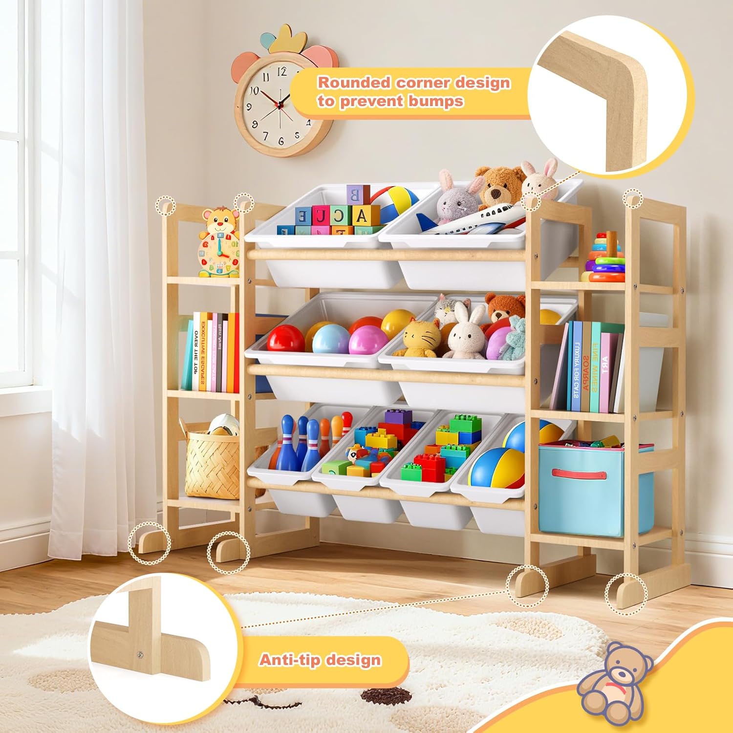 Wooden Toy Storage Organizer for Kids, Multi-Tier Toy Organizer with Bins & Side Montessori Bookshelves, Sturdy Natural Wood Playroom Storage Solution for Toys, Books, Games