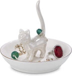 ROSA&ROSE Cat Ring Holder Trinket Tray Ceramic Jewelry Dish Decorative Ring Holder/Trinket Tray Engagement Wedding Birthday Gifts for Women Her(Pearl White)
