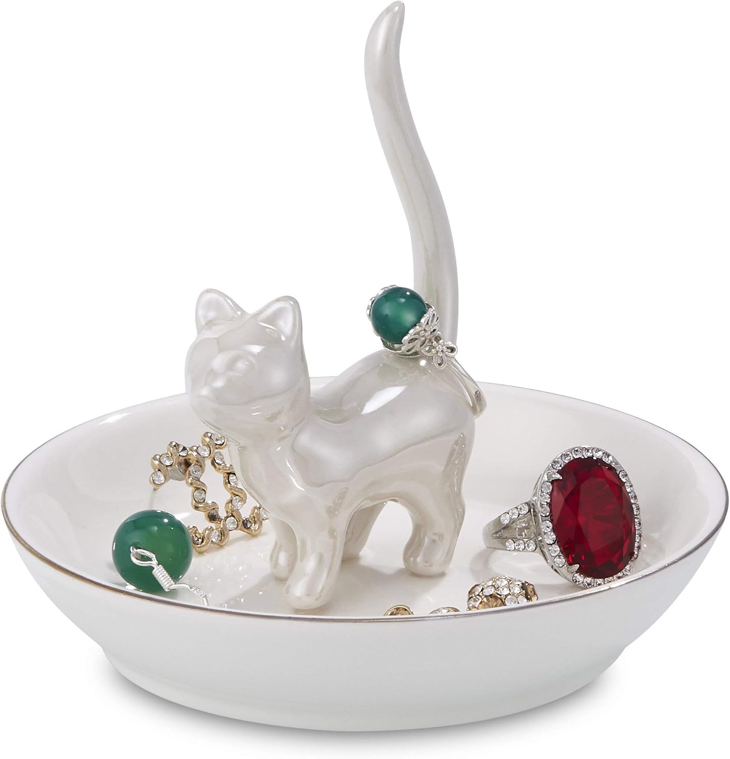 ROSA&ROSE Cat Ring Holder Trinket Tray Ceramic Jewelry Dish Decorative Ring Holder/Trinket Tray Engagement Wedding Birthday Gifts for Women Her(Pearl White)