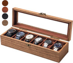 Watch Box for Men and Women - Large Glass Lid, Wooden Display Storage Case With 6 Slots, Retro Burlywood Organizer