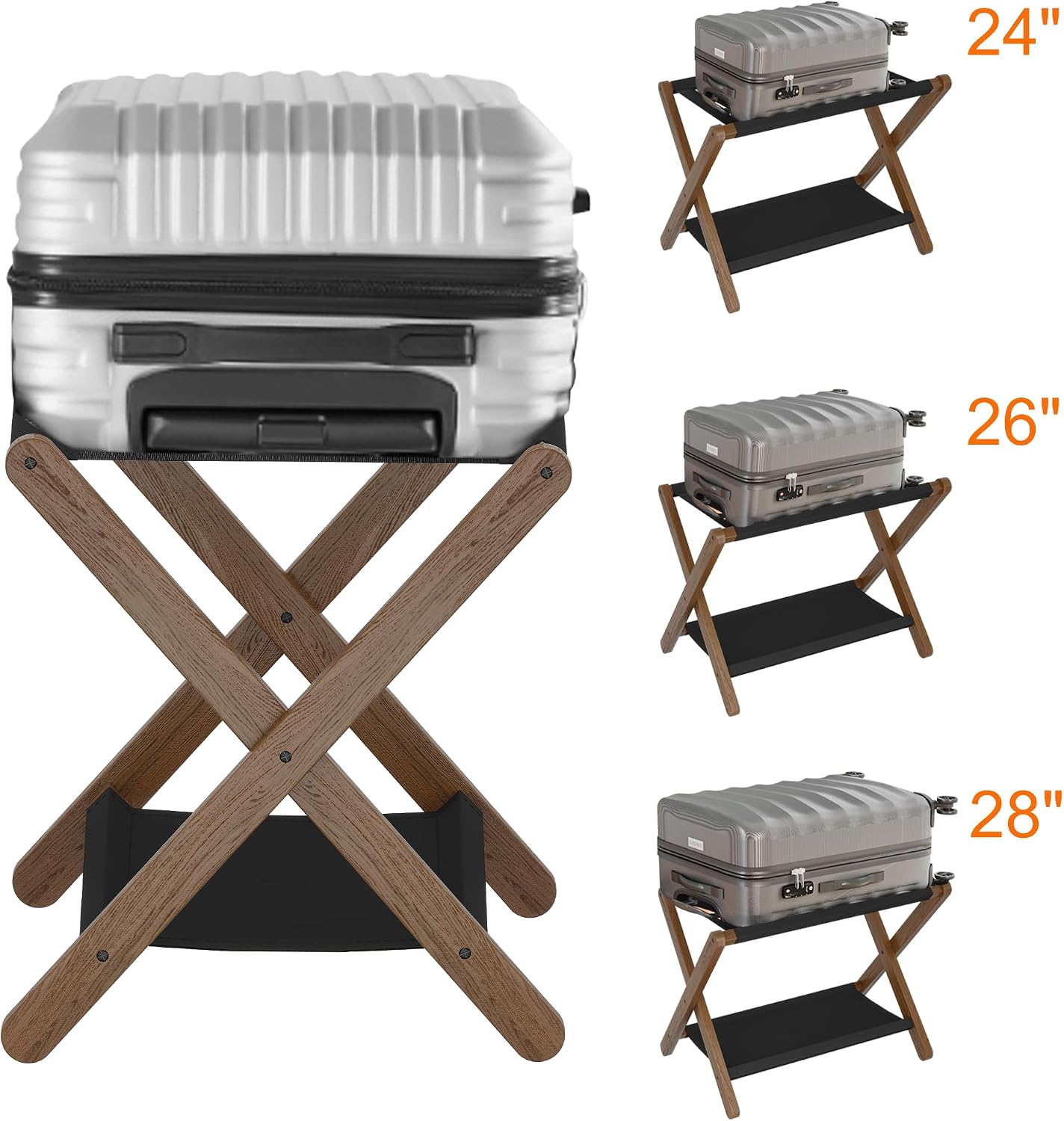 Heybly Luggage Rack, Folding Suitcase Stand with Storage Shelf, Luggage Holder with 5 Nylon Straps for Guest Room Bedroom Hotel, Walnut, HLR010WB1