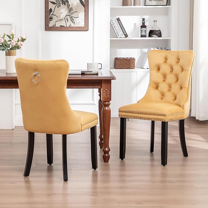 Velvet Dining Chairs Set of 4, Upholstered Dining Room Chairs with Nailhead Ring Pull Trim, Button Tufted Wing Back Chairs for Dining with Solid Wood Legs for Kitchen Dining Room(Gold)
