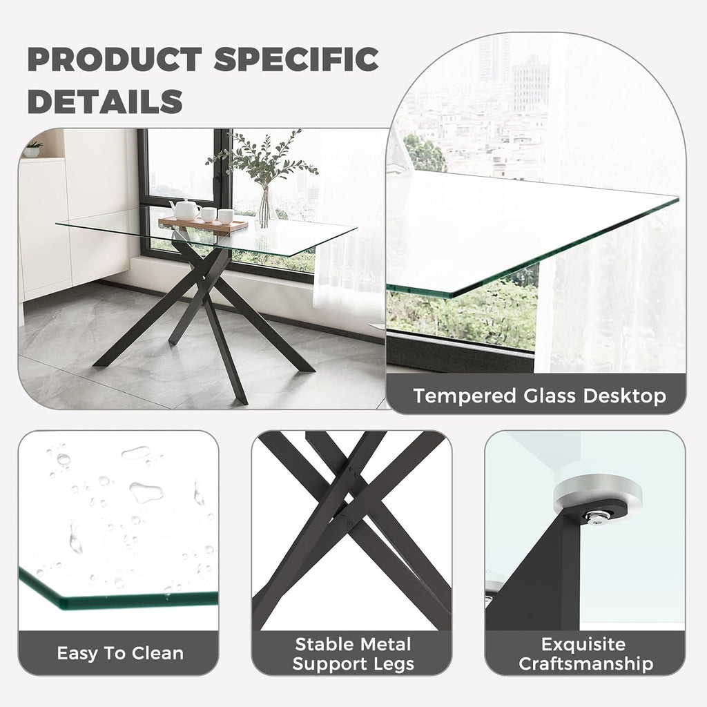 51.18" W Glass Dining Table Set for 4, Modern Rectangular Glass Kitchen Table with Black Metal Legs, 4 PU Leather Chairs with Black Legs, for Dining Room, Home -White
