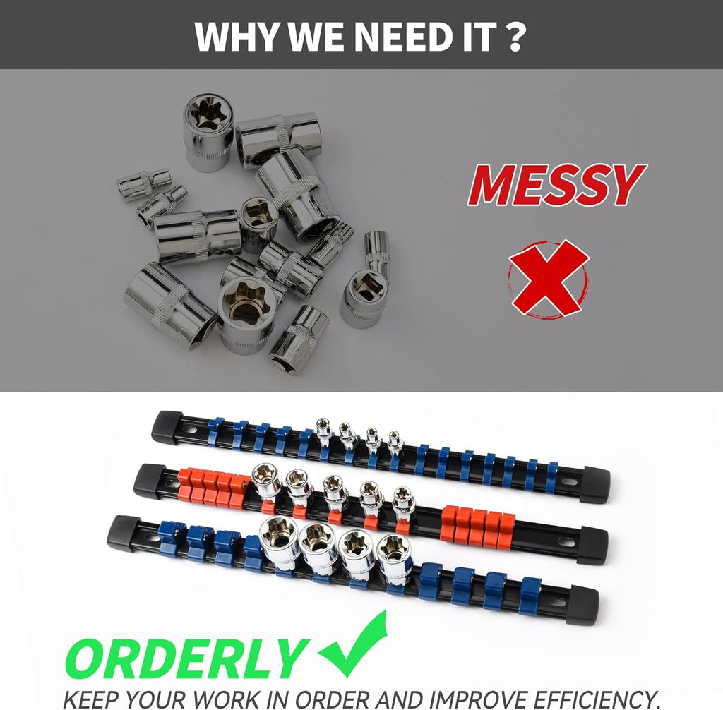 Socket Organizer Drive ABS Tools - Orange Socket Holder, Premium Quality 9 Pieces Socket Holders Kit 1/4-Inch x 48 Clips, 3/8-Inch x 45 Clips, 1/2-Inch x 36 Clips（9PC,Orange)