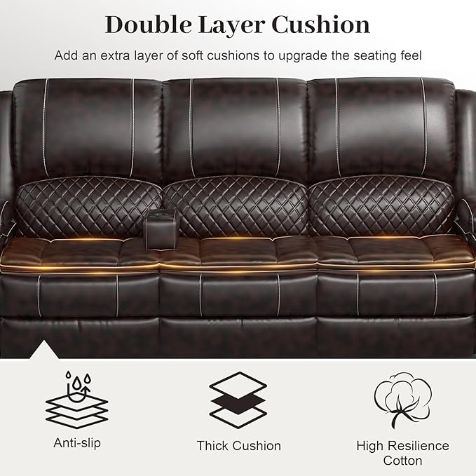 Recliner Sofa, 3 Seater Manual Reclining Sofa with 2-Tier Cushion, Reclining Couches for Living Room with Removable Console, Hidden Storage Space, Cup Holders - Brown