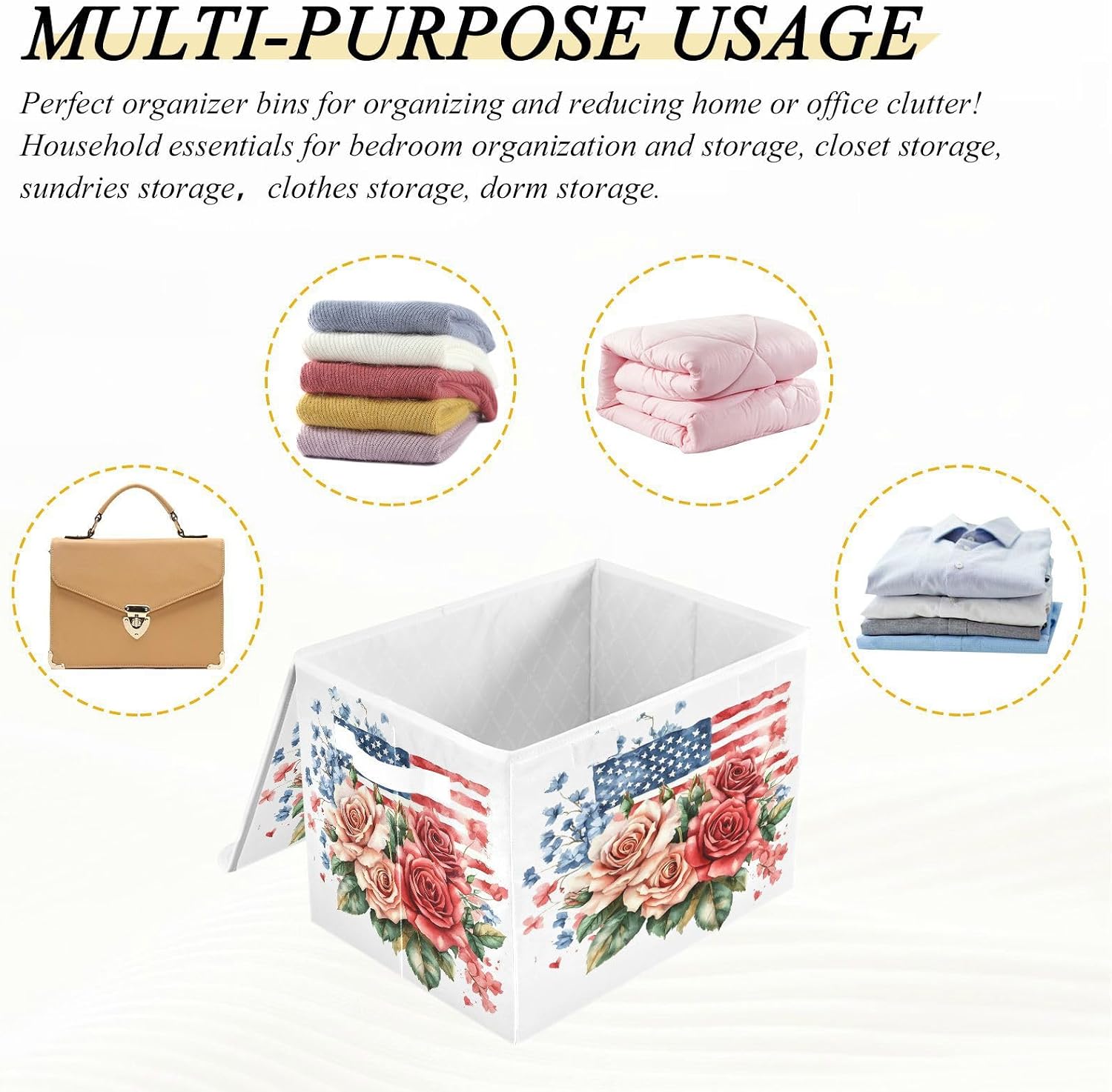 senya July Fourth Baskets Collapsible Storage Bins with Lids, Roses Gypsophila Flag Storage Boxes Clothes Baskets for Organizing