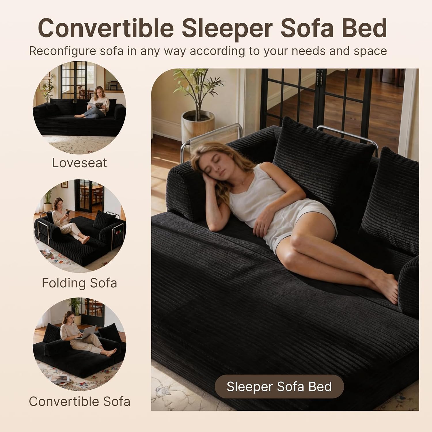 78" Convertible Sofa Bed, Corduroy Futon Couch with Storage Pocket, Boneless Pull Out Sleeper Sofa, Foldable Couch for Living Room Bedroom, No Assembly Space Saver, Black
