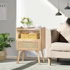 Lerliuo Rattan Nightstands Set of 2 with Charging Station, Boho Side Table with Drawer Open Shelf, Cane Accent Bedside End Table with Solid Wood Legs for Bedroom, Dorm and Small Spaces (Natural)