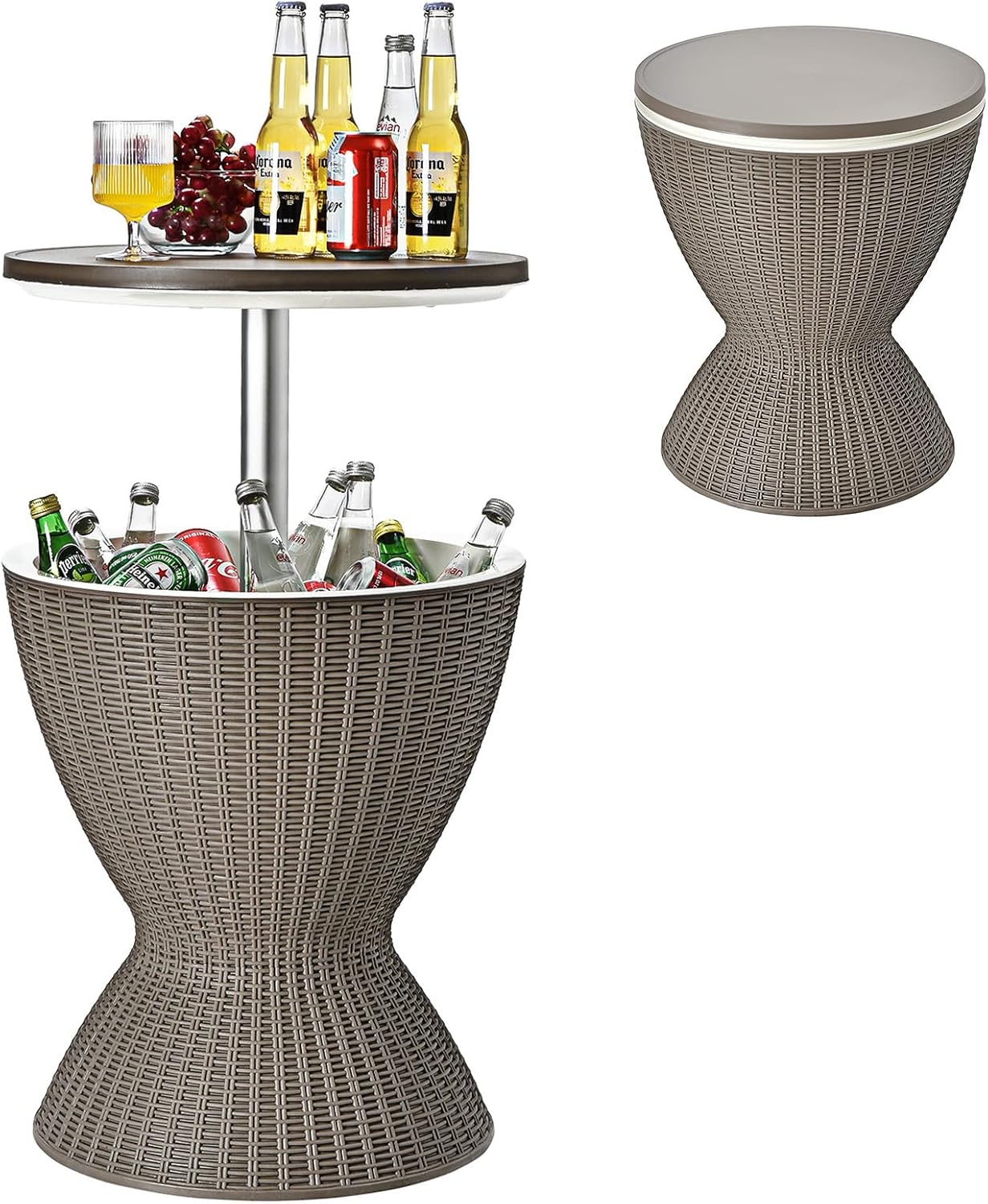 Giantex Outdoor Ice Cooler Side Table with Adjustable Height, 8 Gal Beverage Bucket with Drain Plug, Rattan Patio Bar Table for Poolside, Deck, BBQ & Backyard Parties