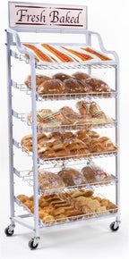 Displays2go Metal Wire Rack with Six Adjustable Shelves, Wire Display Rack with Wheels and Two Sign Holders