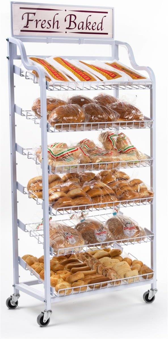Displays2go Metal Wire Rack with Six Adjustable Shelves, Wire Display Rack with Wheels and Two Sign Holders