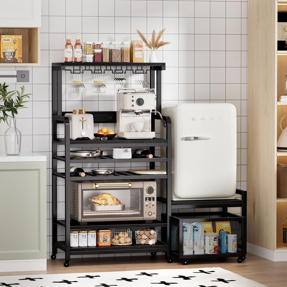 Mini Fridge Stand with Power Outlet, Microwave Stand with Wine Rack, Coffee b...