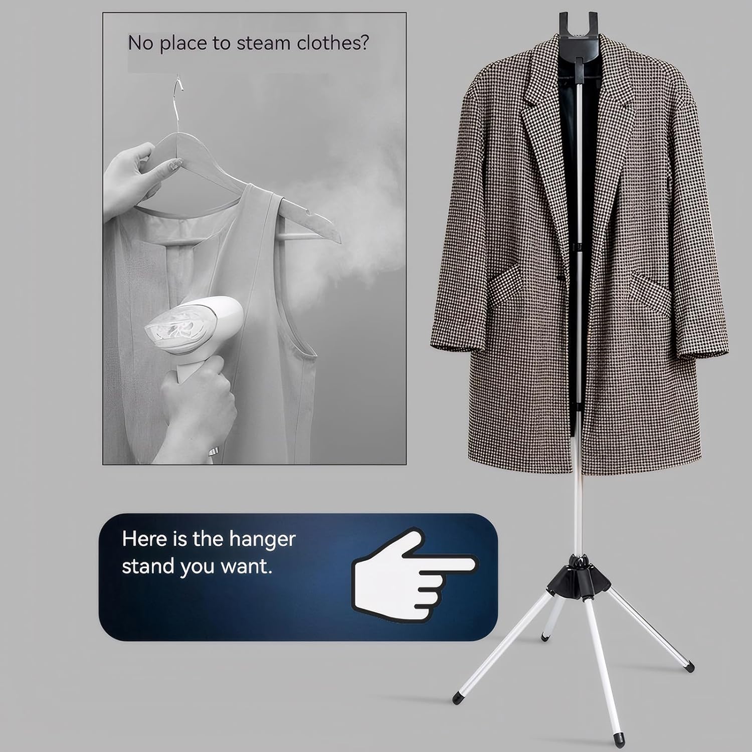 Clothes Steamer Stand Hanger with Steamer Ironing Glove for Steaming Clothes, Handheld Garment Steamer Rack with Grey Mini Handhelded Ironing Pad Board