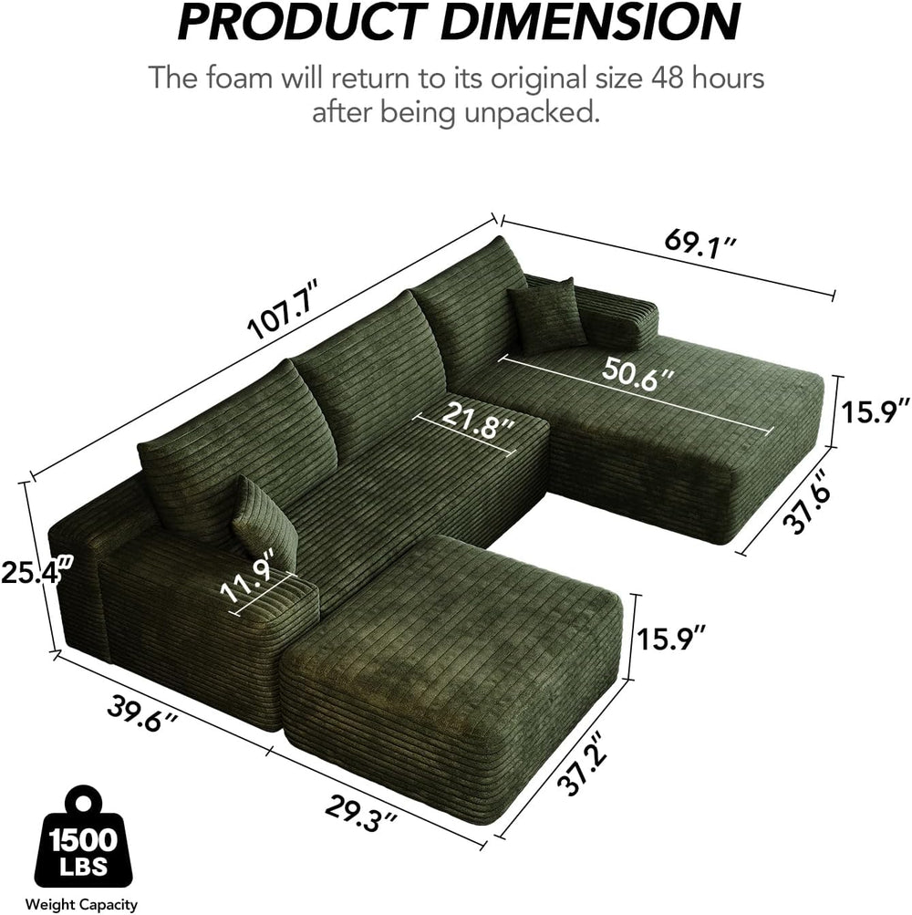 107.7" Sectional Couch Modern Modular U - Shape Corduroy Upholstered Sof...