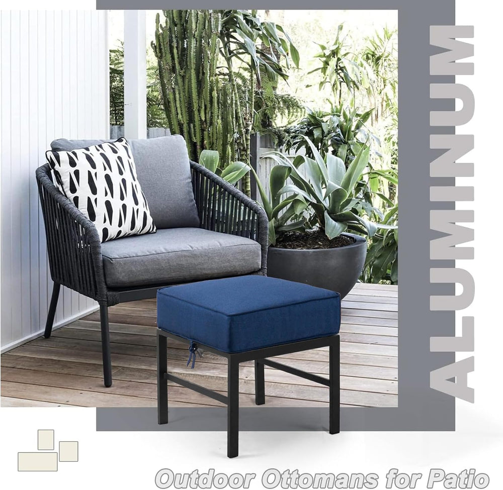2 Pieces Outdoor Patio Ottomans, Assembled Metal Outdoor Ottoman with Blue Cu...