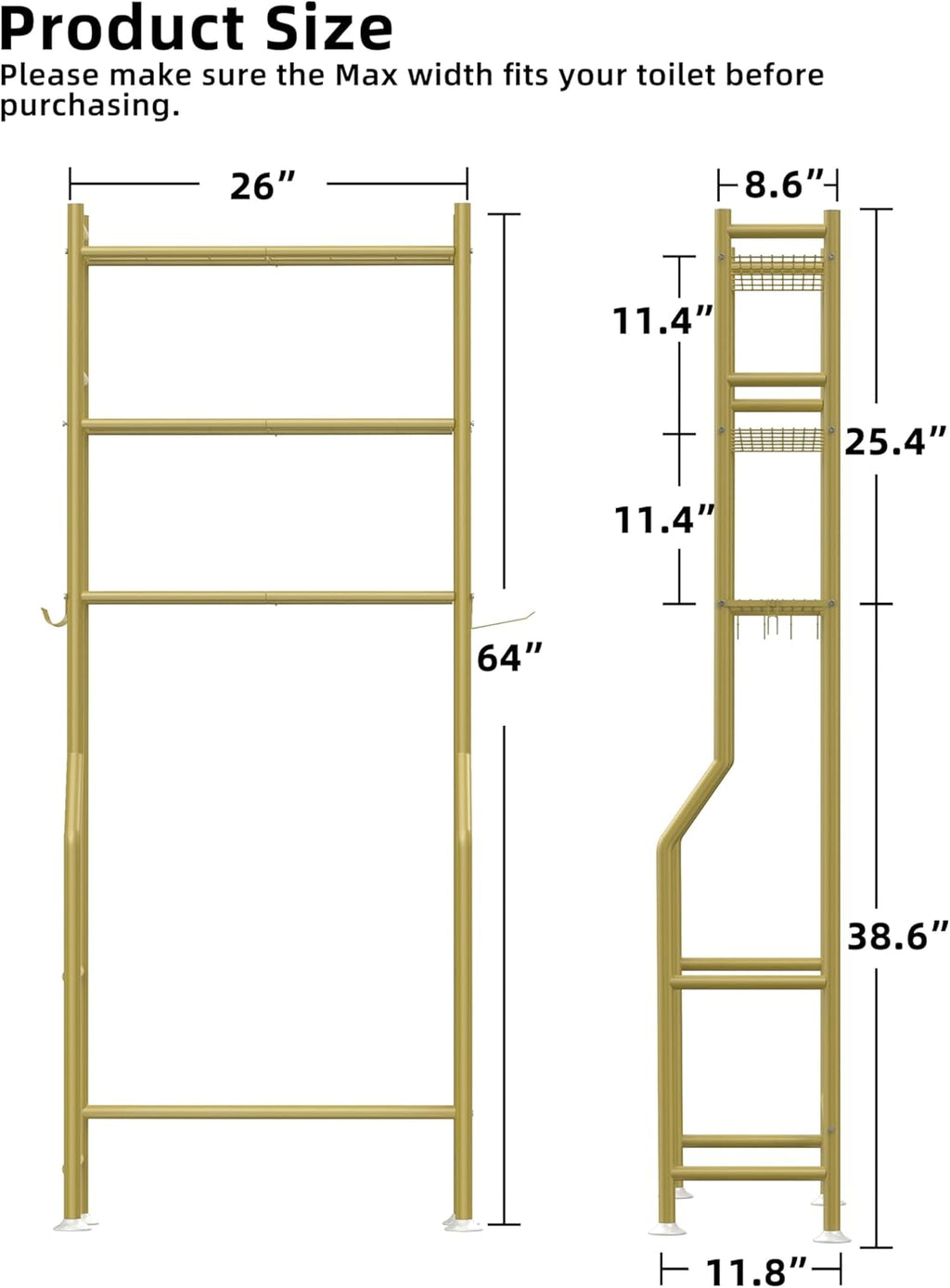 3-Tier Over The Toilet Storage, Freestanding Metal Bathroom Shelves with 4 Hooks, Over Toilet Storage Shelf with Paper Holder, Above The Toilet Shelf for Bathroom Storage, Gold