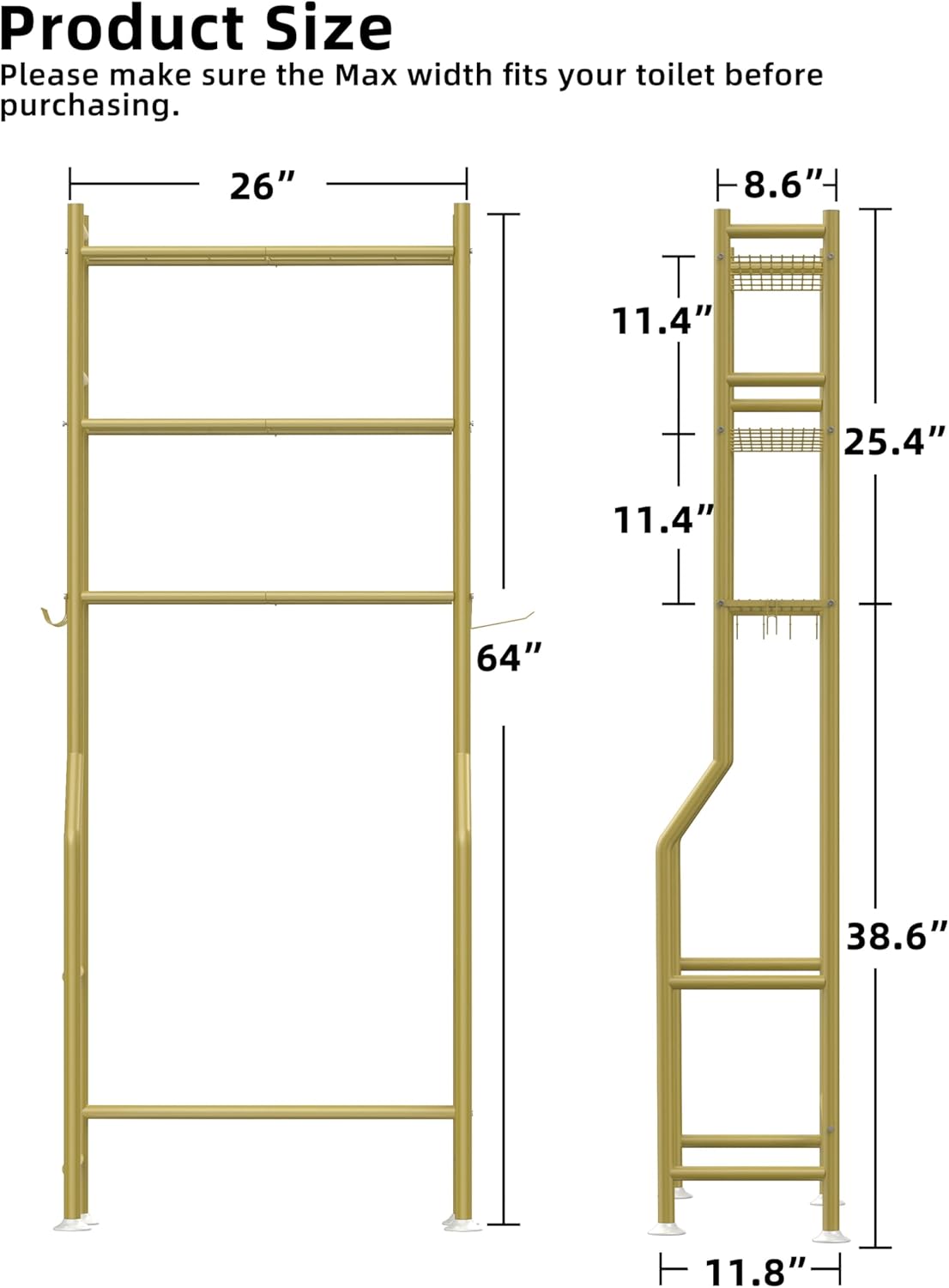 3-Tier Over The Toilet Storage, Freestanding Metal Bathroom Shelves with 4 Hooks, Over Toilet Storage Shelf with Paper Holder, Above The Toilet Shelf for Bathroom Storage, Gold