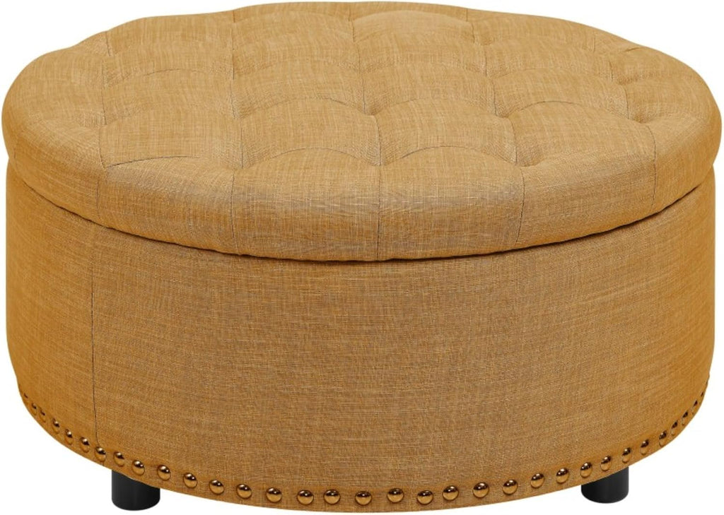 Tufted Storage Ottoman Round Upholstered Linen Ottoman Decorative Foot Stool with Storage for Living Room Bedroom Entryway Home Decor (Orange)