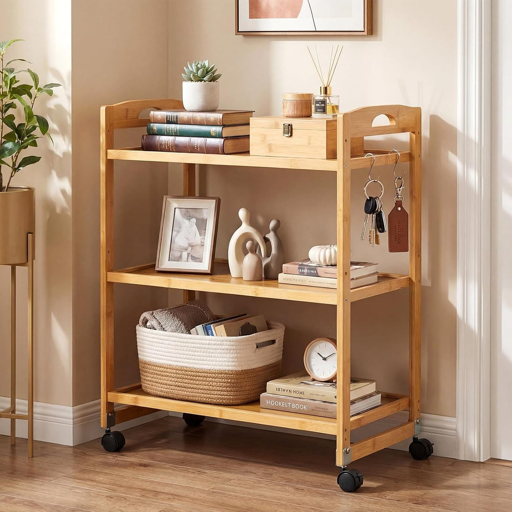 3 Tier Rolling Cart, Bamboo Storage Cart on Wheels with 3 Side Hooks & Ad...