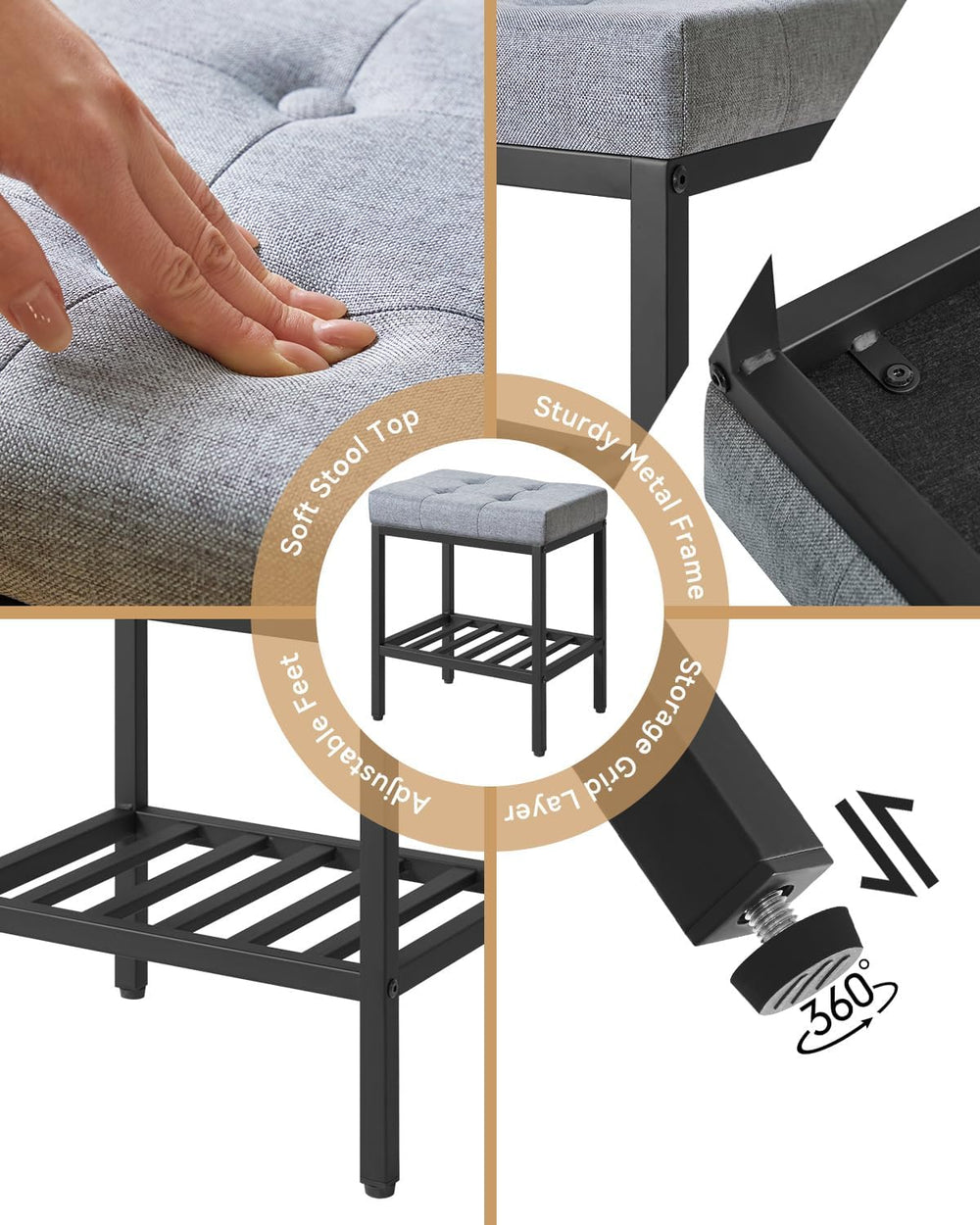 IBUYKE Rectangular Makeup Stool with Adjustable Feet and Storage Space, Footr...