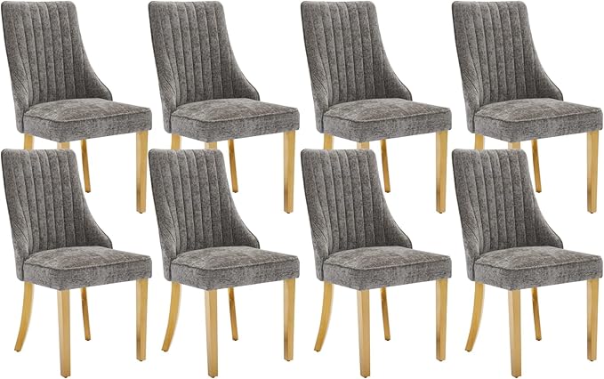 Dining Room Chairs Set of 8，Modern Channel Tufted Upholstered Dining Chairs with Golden Stainless Steel Legs, Comfortable Chenille Fabric Kitchen Chairs for Dining Room (Grey, 8pc)