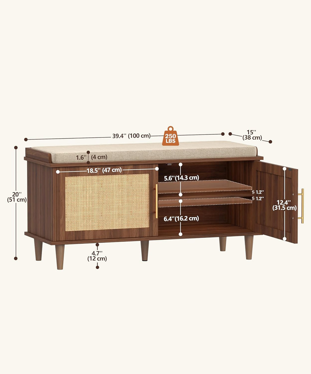 Akxomel Rattan Shoe Storage Bench with Cushion, 2-Tier Entryway Bench with Ad...