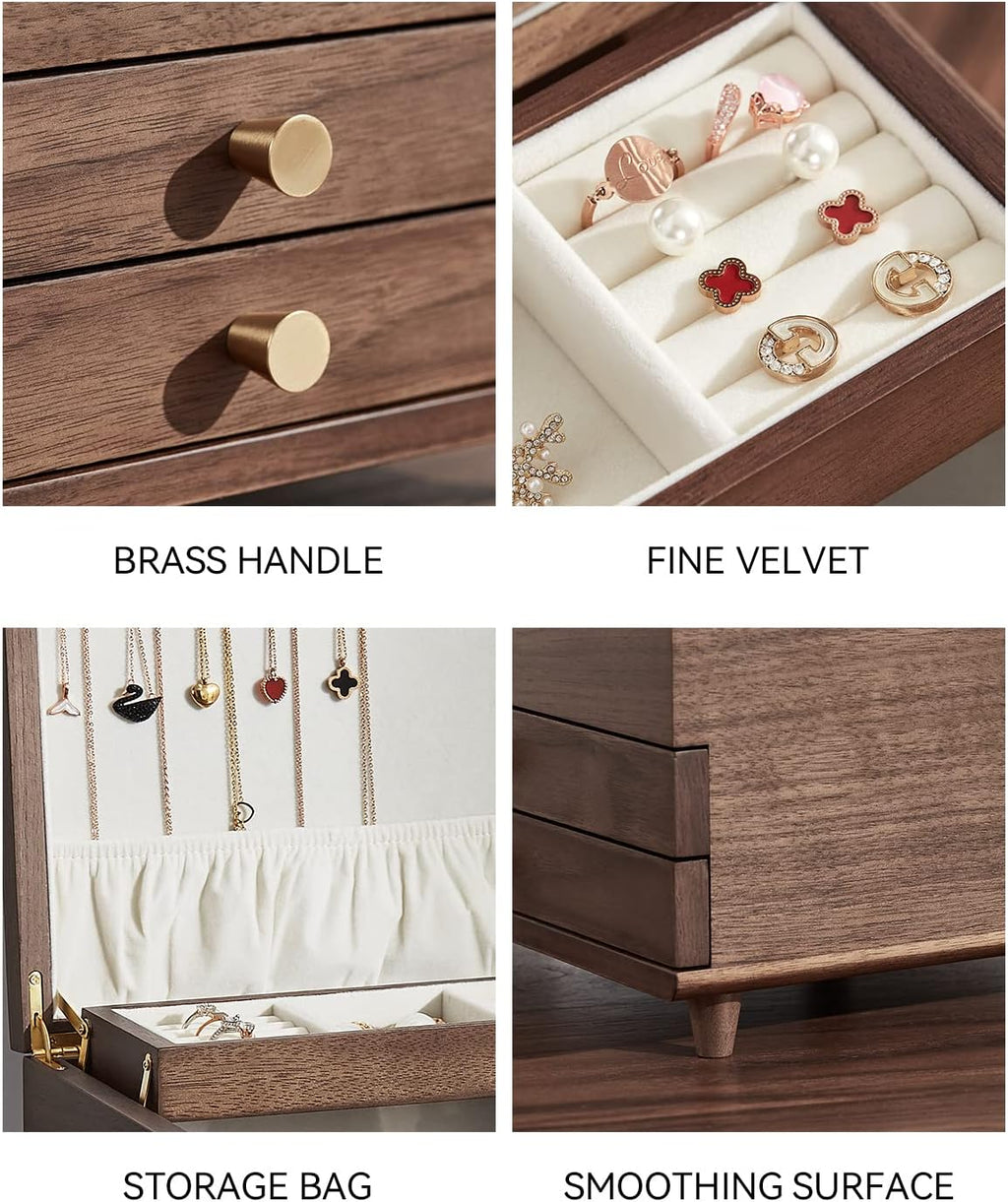 CHOSIN Wooden Jewelry Box, 3 Layer Large Jewelry Organizer for Women, Black Walnut Wood, Jewelry Storage for Necklaces Rings Earring Watches Bracelets Christmas Gifts(No Mirror)