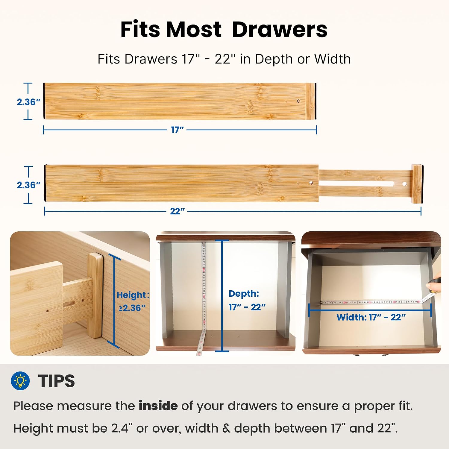 4 Pack 2.36" Bamboo Drawer Dividers, 17-22" Expandable Kitchen Organizers | Adjustable Spring-Loaded Tension Separators with Foam Pad for Clothes, Utensils, Kitchen, Dresser, Nursery & Bathroom