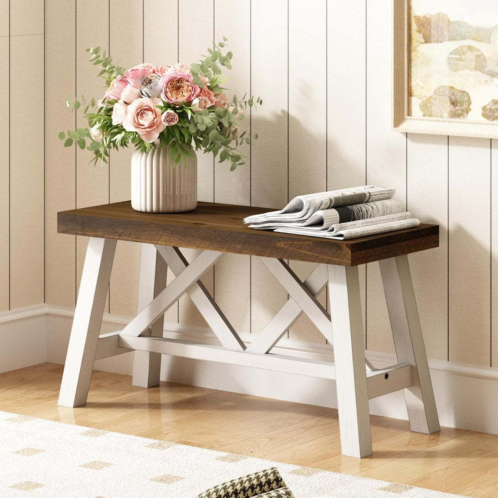 Wnutrees 30" Farmhouse Solid Wood Bench, Rustic Entryway Bench, White | ...