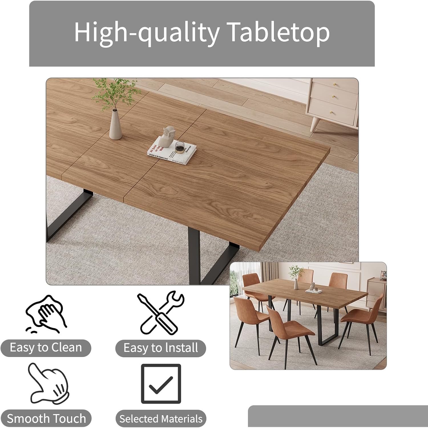 ZckyCine Mid-Century Extendable Dining Table Set, 51"-67", 6 Upholstered Chairs