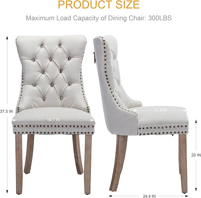 Dining Chairs Set of 6, Upholstered Tufted Linen Fabric Dining Room Chairs with High Back, Nailhead Trim and Solid Wood Legs, Modern Dining Chair for Dining Room, Kitchen(Beige)