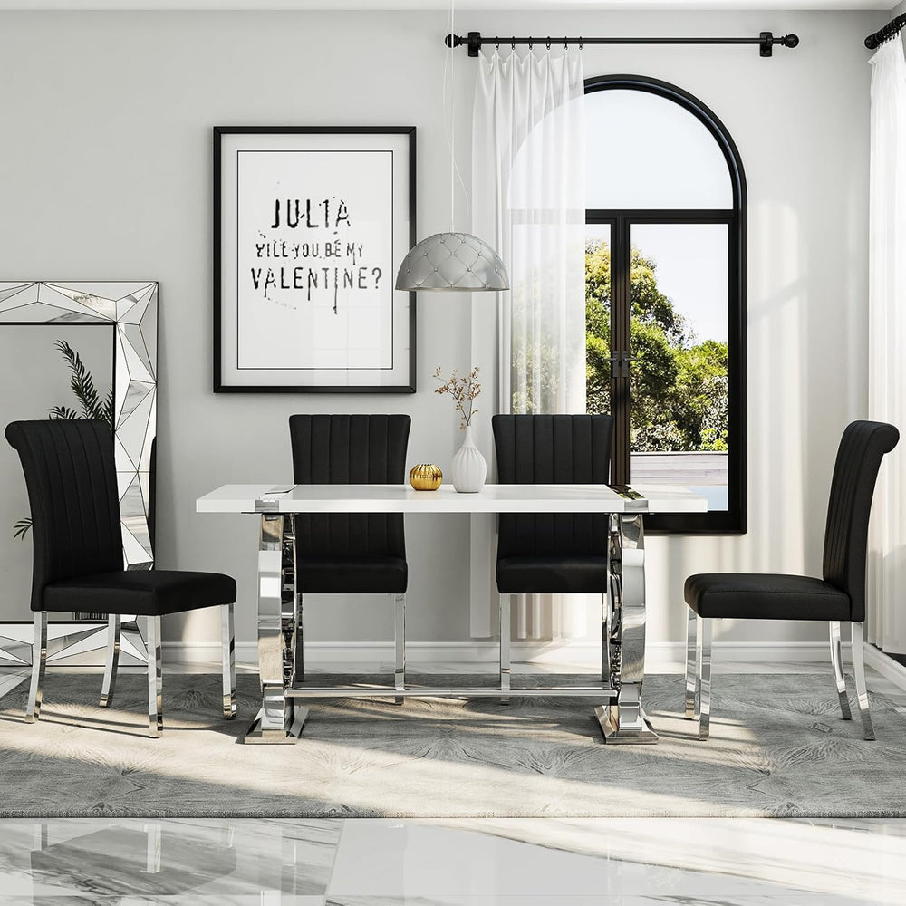 Asday Black and Silver Dining Chairs Set of 2, Modern Faux Leather Upholstere...