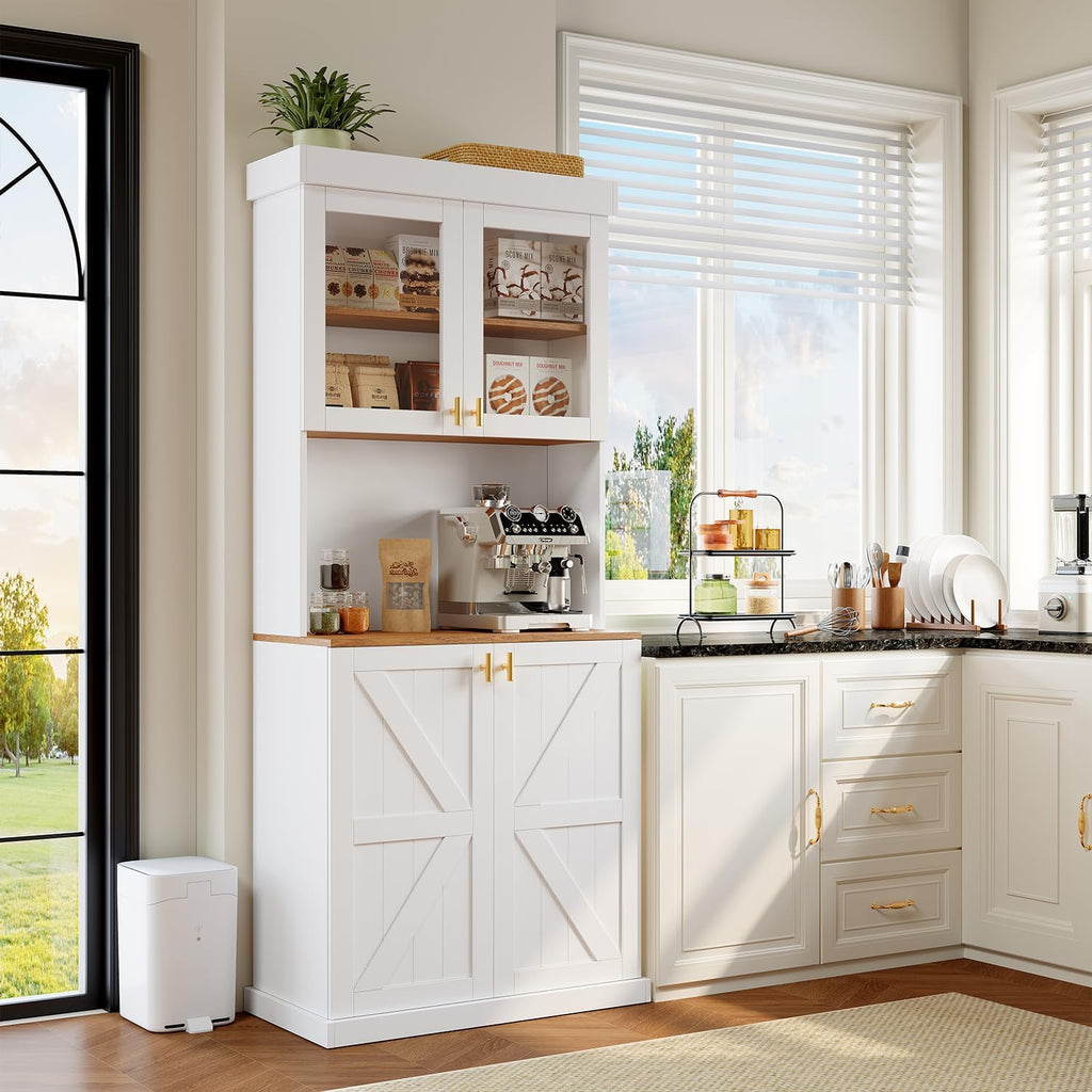 Farmhouse Kitchen Pantry Cabinet Set of 2, 71-Inch Tall Storage Cabinet with Glass Doors, Coffee Bar Hutch with Microwave Stand and Adjustable Shelves for Kitchen, Dining Room, Living Room, White
