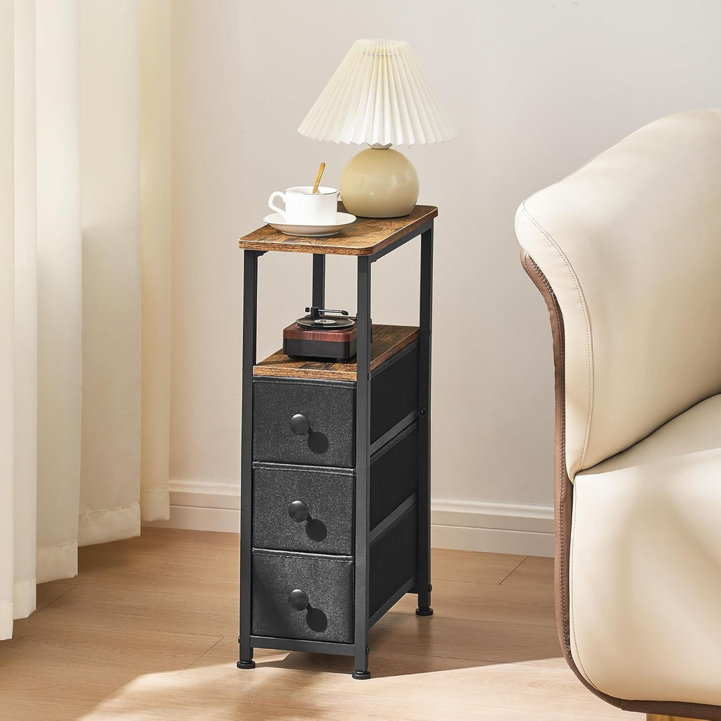 DALEMHOME End Table, Narrow Side Table with 3 Fabric Drawers, Slim Nightstand, Small Bedside Table with Storage, Living Room, Bedroom, Rustic Brown HKET1300BR