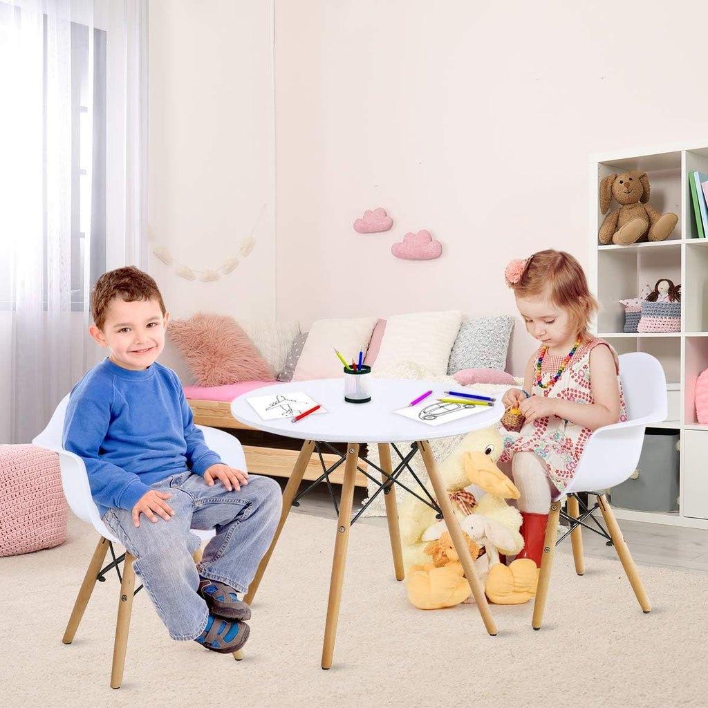 Costzon Mid-Century Modern Style Round Kids Table and 2 Armchairs, White, 23.5''x23.5''x20''(LxWxH) Table, 17''x16.5''x 22''(LxWxH) Chairs, Ages 3-12