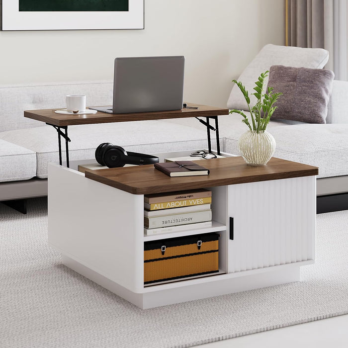 Lift Top Coffee Table with Sliding Door with Storage(White)
