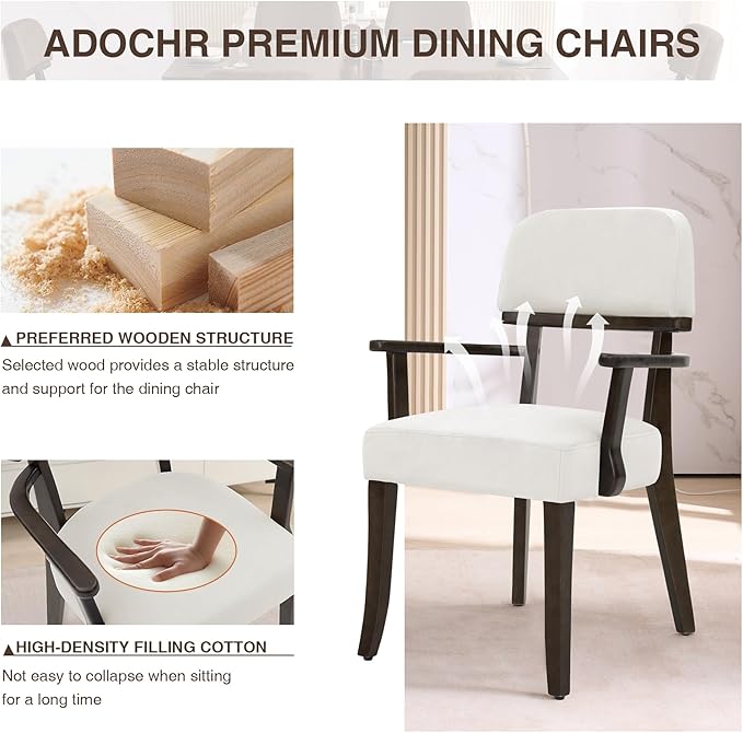 Modern Wood Dining Chairs with Arms, Velvet Upholstered Kitchen Chairs with Open Curved Backrest & Black Hardwood Legs, Accent Chairs 350 LBS Capacity, White