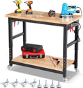 Workbench with Wheels 48 Inch Adjustable Height Work Table with Under Table Shelf, Pegboard, Power Outlets Work Bench for Garage, Home, Office, Workshop