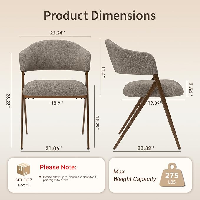 Dining Room Chairs Set of 2, Upholstered Dining Room Chairs, Mid Century Fabric Kitchen Chairs with Curved Backrest and Metal Legs, Taupe