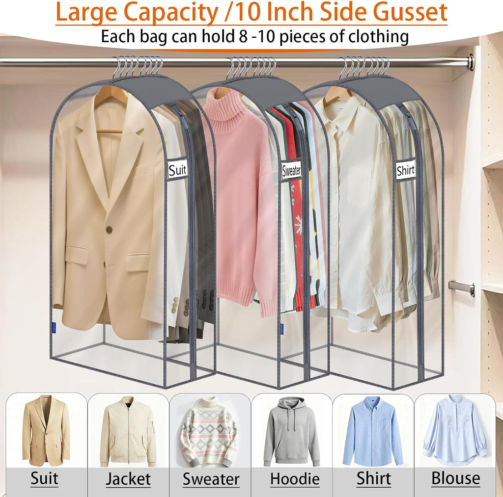 Clear Garment Bags for Hanging Clothes 10" Side Gusset, Suit Bags for Closet Storage, Suit Cover for Shirts Coats Dresses (24"X42"X10" 3Pack)