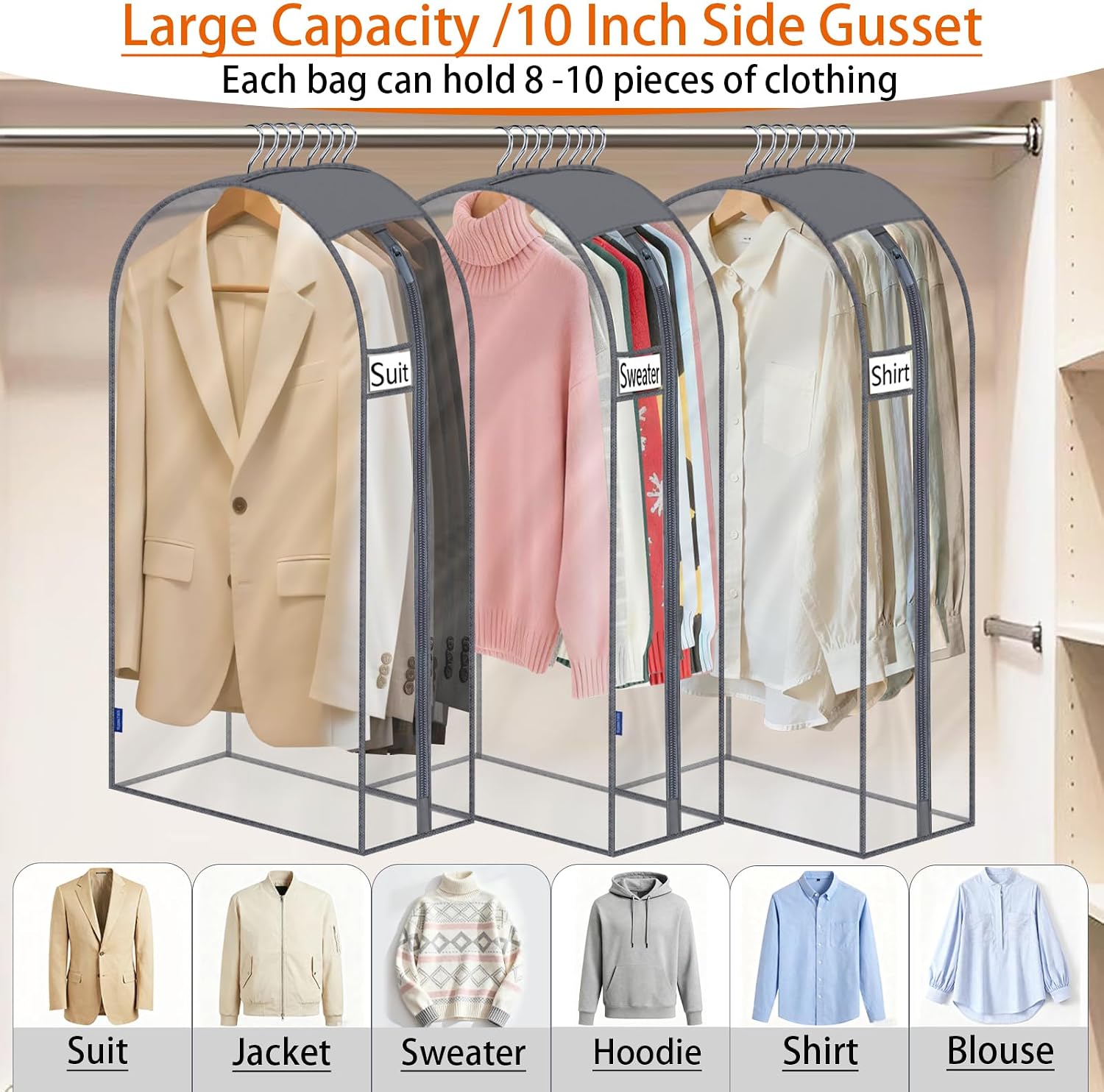 Clear Garment Bags for Hanging Clothes 10" Side Gusset, Suit Bags for Closet Storage, Suit Cover for Shirts Coats Dresses (24"X42"X10" 3Pack)