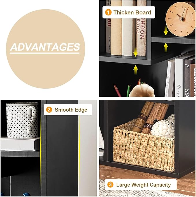 VECELO 3-Cube Bookshelf, Fits Tallest Hardcovers, Horizontal Available, Modern Bookcase, Cubby Storage Organizer for Small Space, Bedroom, Living Room,Black