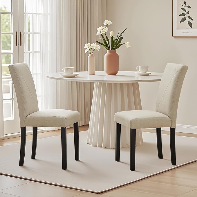 VECELO Upholstered Dining Chairs Set of 4, Modern Fabric and Solid Wood Legs & High Back for Kitchen/Living Room- Beige