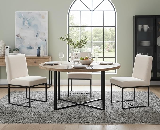 CIMOTA Modern Linen Dining Chair Set of 8, Mid Century Dining Room Chairs Fabric Upholstered Armless Side Chair with Black Sled Base for Dining Room, White Cream 8PCS