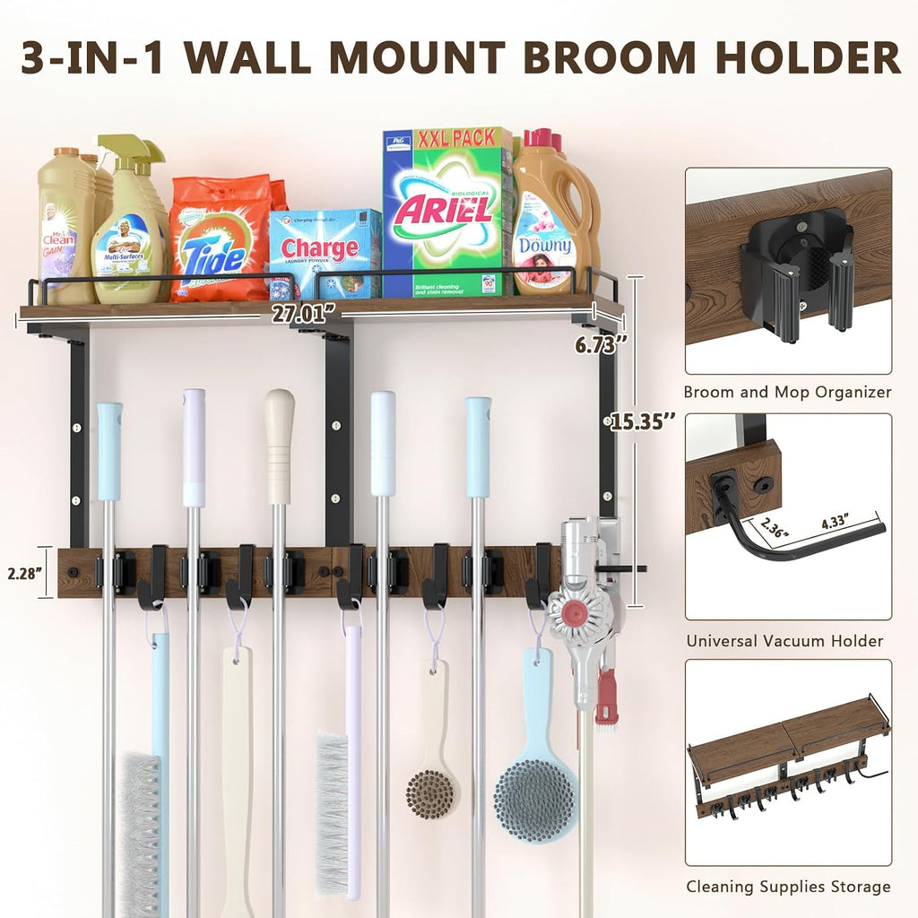 Mop Holder Wall Mount with Cleaning Supplies Organizer, Wood Mop and Broom Hanger Rack Organizer with Anti-Fall Wall Shelf with 5 Clips & Hooks for Garage Laundry Room Kitchen (Dark)