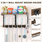Mop Holder Wall Mount with Cleaning Supplies Organizer, Wood Mop and Broom Hanger Rack Organizer with Anti-Fall Wall Shelf with 5 Clips & Hooks for Garage Laundry Room Kitchen (Dark)