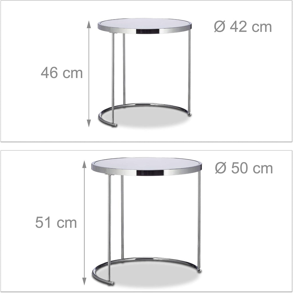 Relaxdays Nesting Round, Chrome Frame, Set of 2, Modern Design-Frosted Glass, Side End Tables, Metal, Silver, 50x50x51 cm
